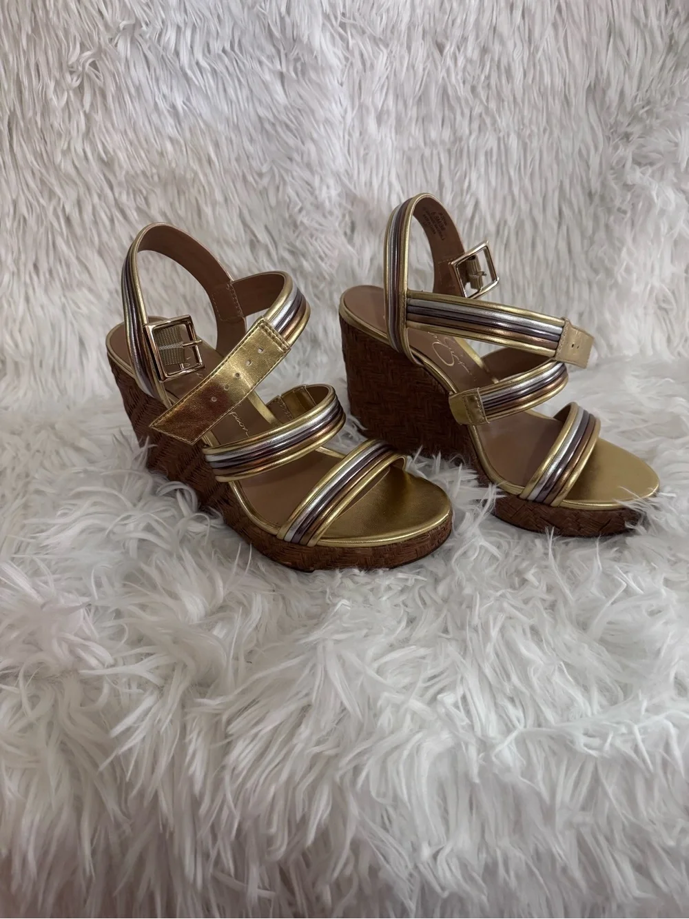 Jessica Simpson Gold and Metallic Multi-Stripe Wedge Sandals - Picture 2 of 3